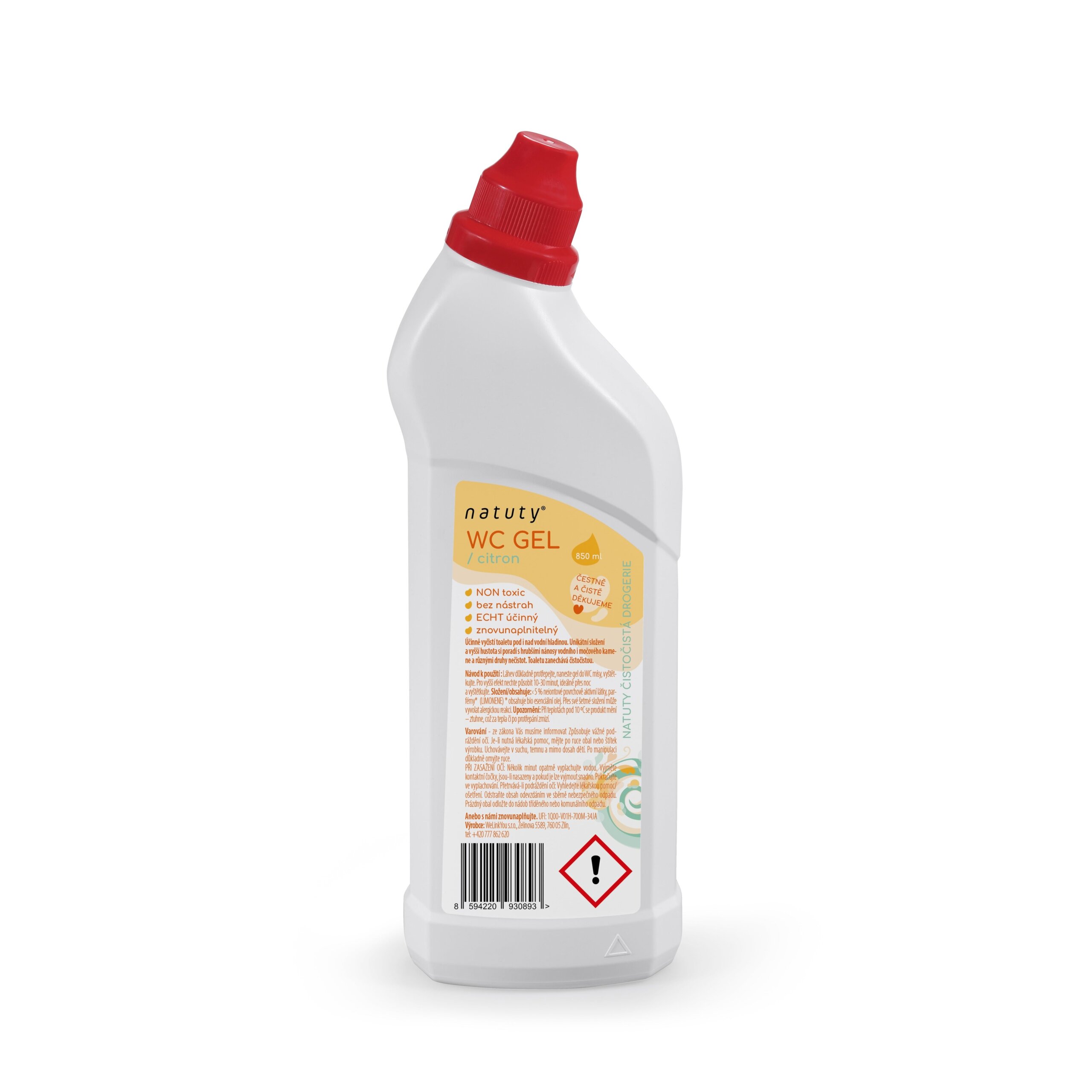 Natuty WC gel s vůní citronu (850 ml) - hustý, bez syntetické parfemace a barviv